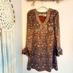 Nanette Lepore Brown and Cream Long Sleeve mini Dress silky boho  size 4